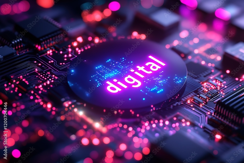 Poster digital technology concept: close-up of a circuit board with glowing 'digital' text.