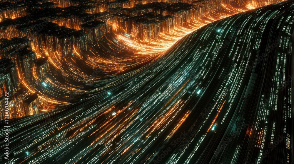 Poster abstract digital wave: a mesmerizing cascade of data streams flowing through a futuristic cityscape,