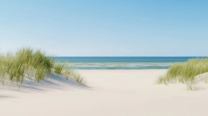 Serene beach scene with gentle waves and grassy dunes.