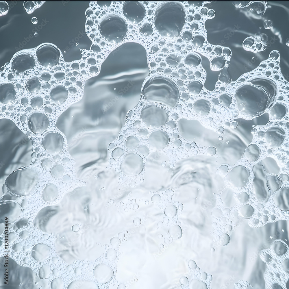 Poster close-up of soap bubbles floating on water surface creates an abstract background texture.