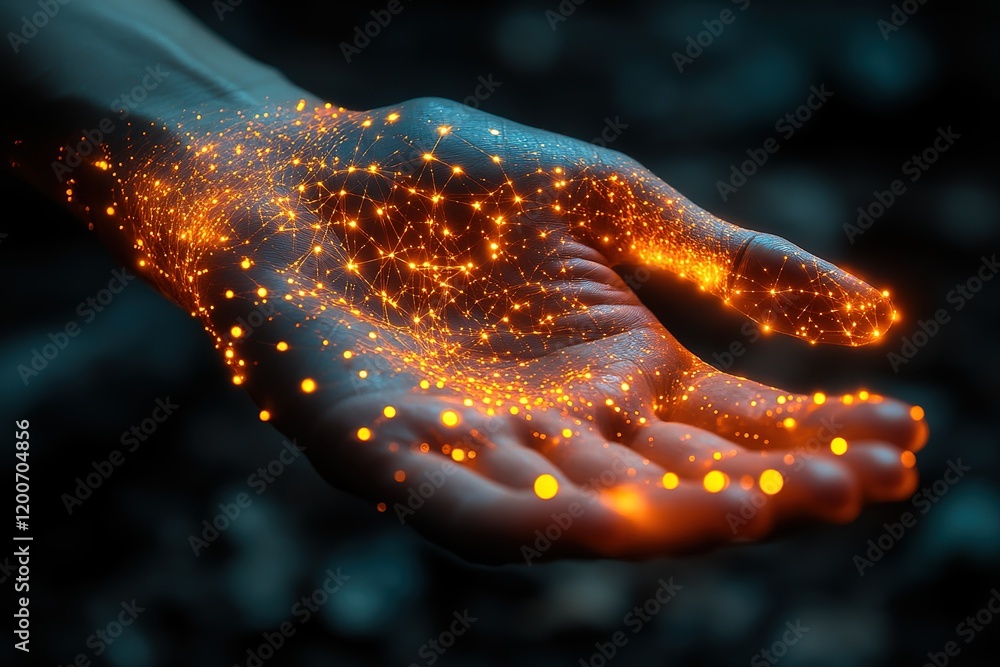 Poster glowing energy flows through an open hand, a captivating image representing connection and innovatio