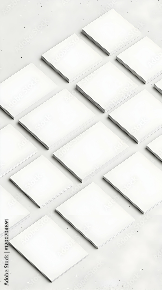 Poster blank white square cards scattered on a textured background displaying simplicity and minimalism.