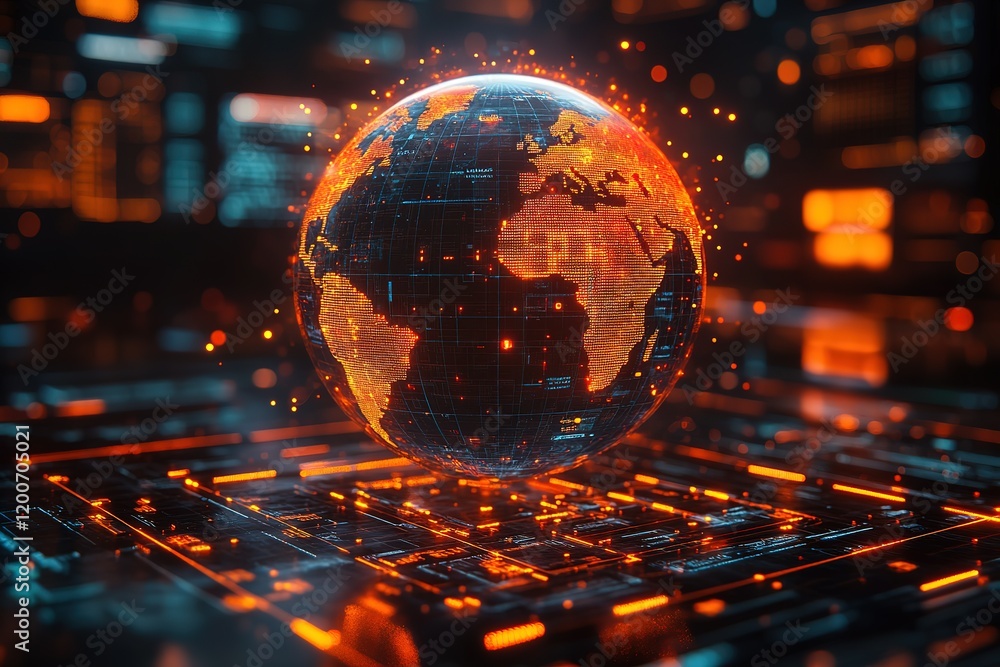 Poster digital globe hovering over a futuristic circuit board, representing global connectivity and technol