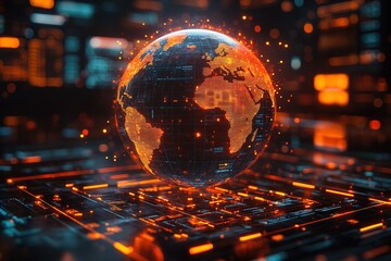Digital globe hovering over a futuristic circuit board, representing global connectivity and technological advancement.