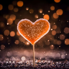 Fototapeta premium Heart-shaped lollipop stands on glittery surface with blurred lights beautifully in the background.