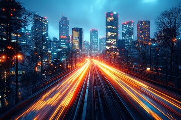 Fototapeta premium Cityscape at night with light trails from fast-moving traffic.