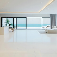 Modern living room with ocean view overlooks a beautiful beach seamlessly, minimalist interior design.