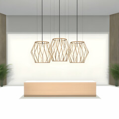 Modern Reception Desk with Wooden Lamps and Plants Illuminates the Space Elegantly