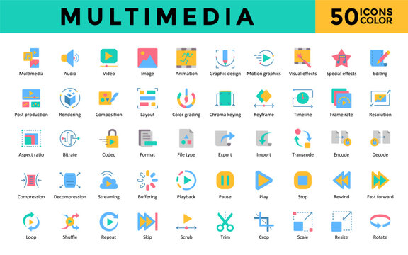 Multimedia icons set with multimedia, audio, video, image, animation, graphic design, motion graphics, visual effects, special effects, editing icon. Simple flat color vector 
