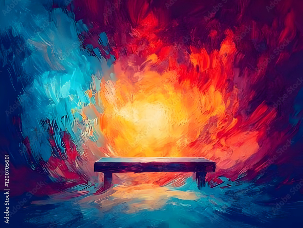 Poster abstract background with vibrant colors and a bench rests on a colorful swirling.