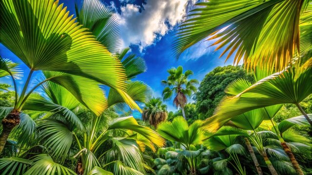 Long Exposure of Leque Leaves in Botanical Garden Palmeiras under a Clear Blue Sky - Nature, Serenity, and Tranquility Captured in Stunning Detail