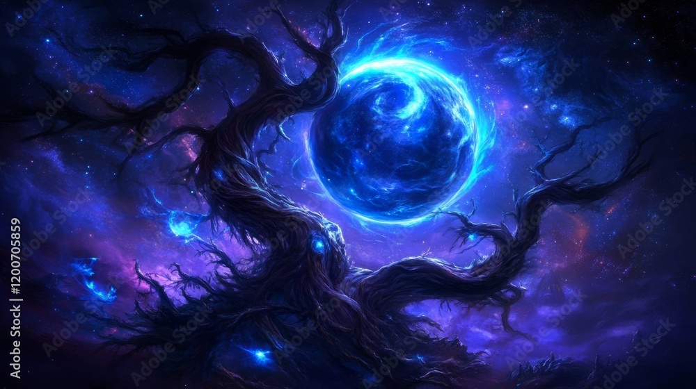 Poster celestial tree enveloping glowing orb