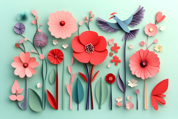 Paper Flowers and Bird Artwork Bloom Beautifully on a Tranquil Background