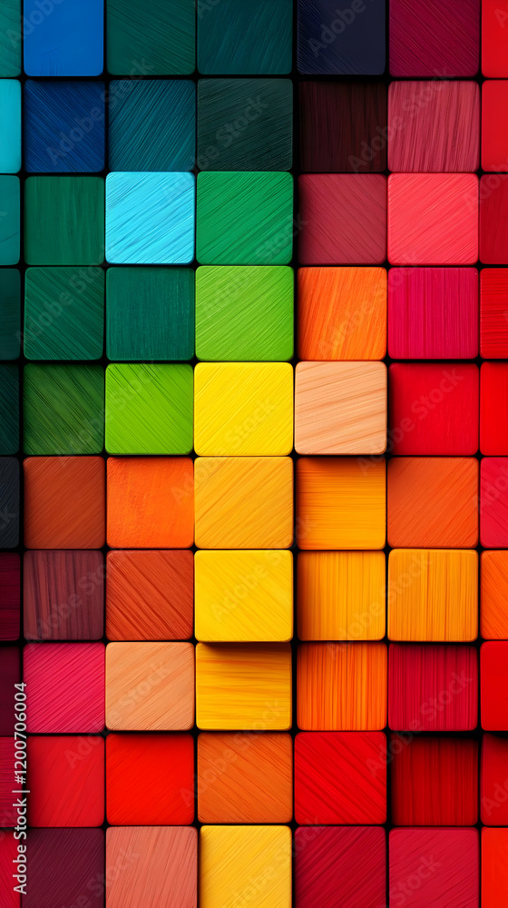 Poster colorful wooden blocks form a vibrant and textured mosaic pattern background