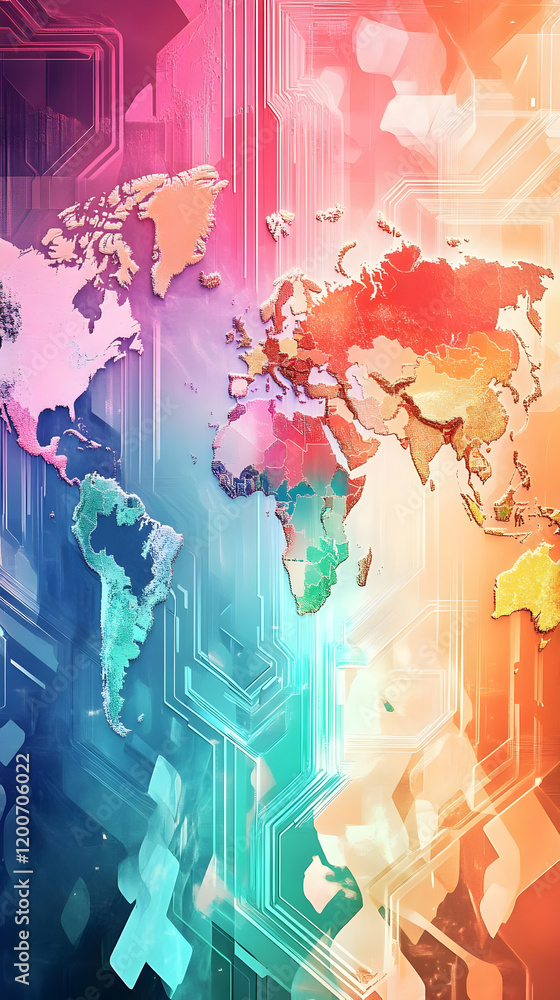 Poster colorful abstract world map with geometric shapes and lines forms a vibrant and dynamic composition.