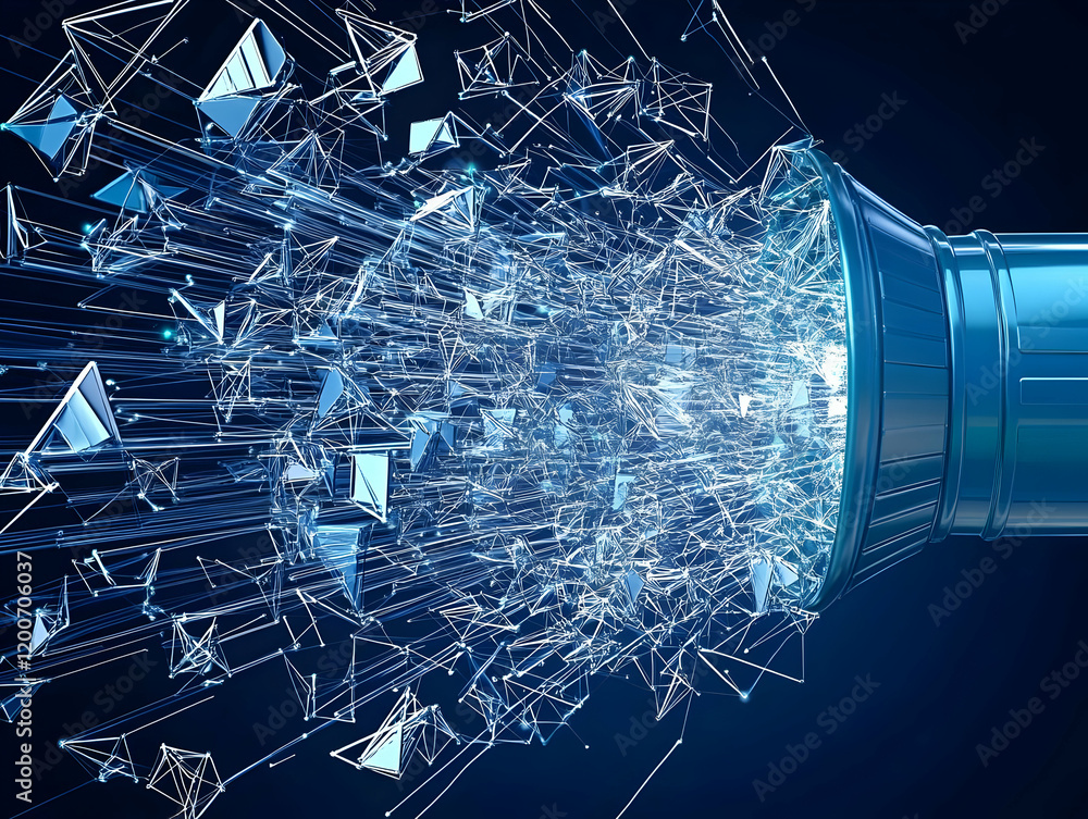 Poster blue flashlight emits a stream of triangular geometric shapes with connecting lines in 3d illustrati