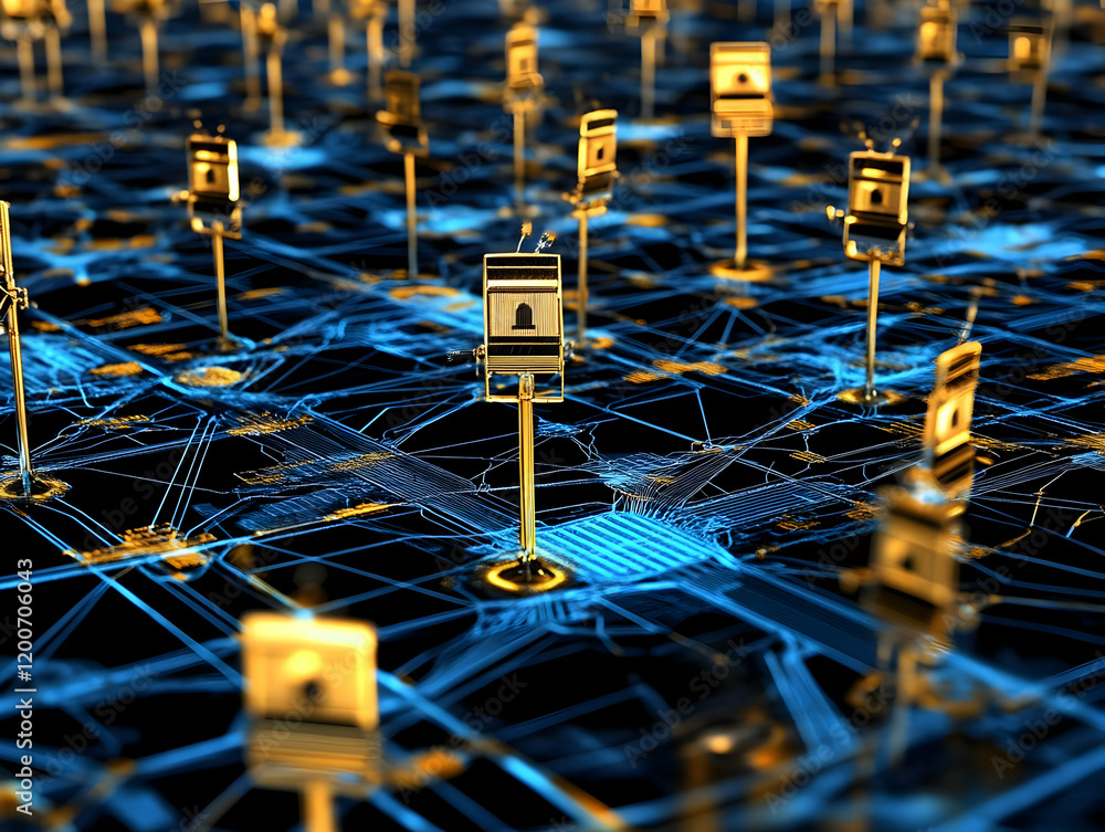 Poster golden devices connect on a blue circuit board network futuristically with data flowing smoothly.