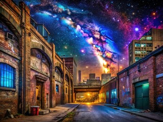 Astrophotography blends city lights and galactic rainbows, a vibrant Milky Way over urban sprawl.
