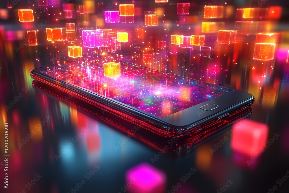 Poster data streams flow from a smartphone screen, illuminating vibrant glowing cubes.