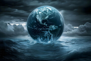 Oval-Shaped Earth Emerging from Ocean Waves under Stormy Sky, Climate Change Concept