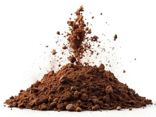 A swirling cloud of fine soil particles, explosively dispersed, creates a textured image against a clean white backdrop.