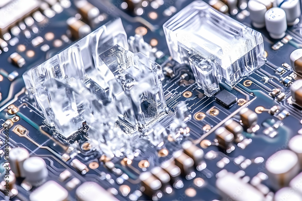 Poster transparent rectangular objects rest on a circuit board with intricate details and components