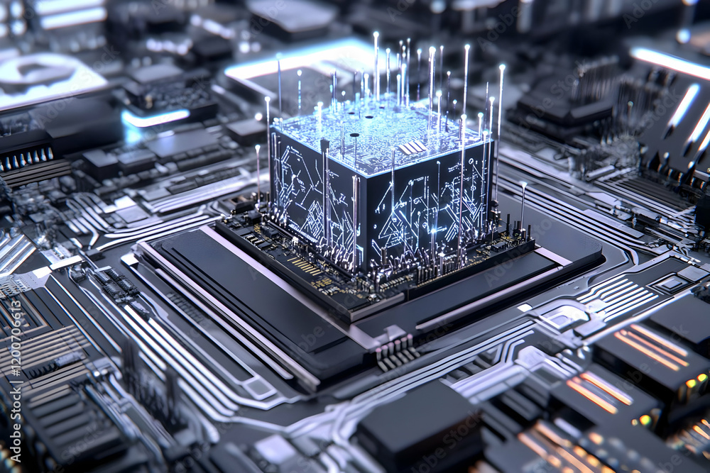 Aufkleber futuristic cpu glows on a complex circuit board, demonstrating advanced technology and innovation.