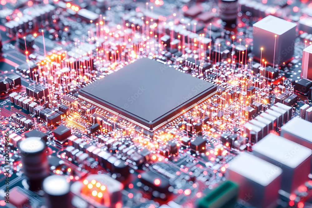 Poster 3d rendered circuit board shows cpu and components with glowing connections.