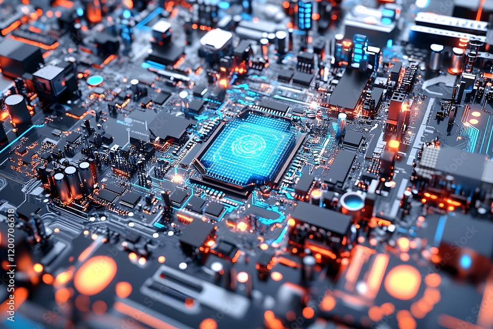 Poster futuristic circuit board with glowing cpu and components shines brightly in 3d render