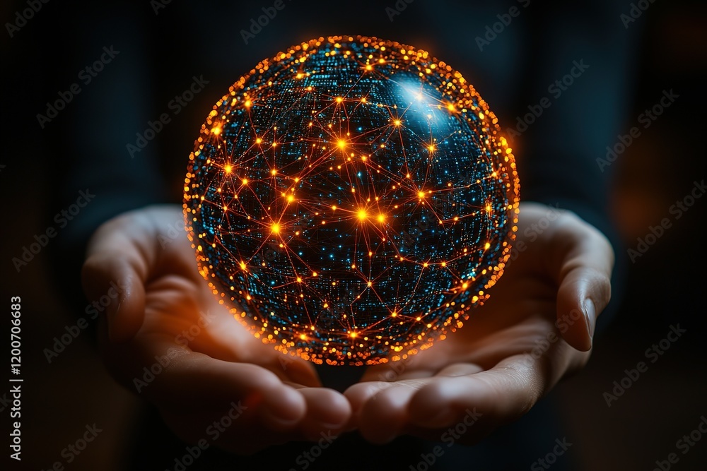 Poster glowing network sphere held in hands, symbolizing global connection and digital technology.