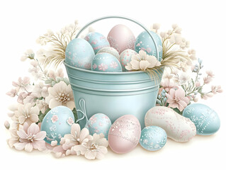 Obraz premium Pastel Easter Eggs Overflow a Metal Bucket with Delicate Spring Flowers