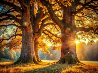 Autumnal oak duo: bokeh photography highlights vibrant fall foliage, sunlit branches, and blurred forest depth.