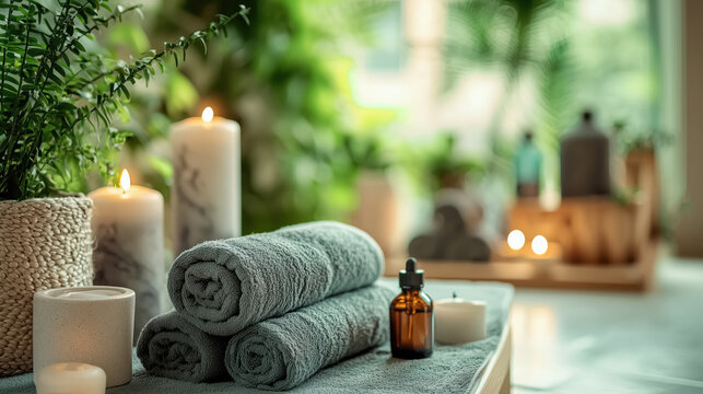 bright and peaceful spa setup with towels, candles, and greenery
