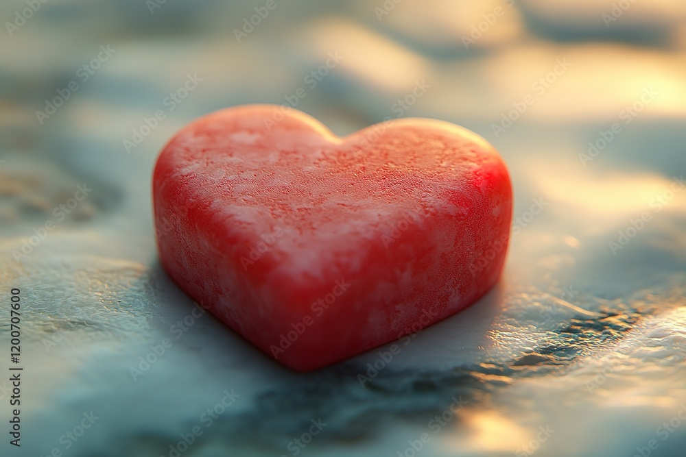 Poster a red heart-shaped object rests on a textured surface, bathed in soft light.