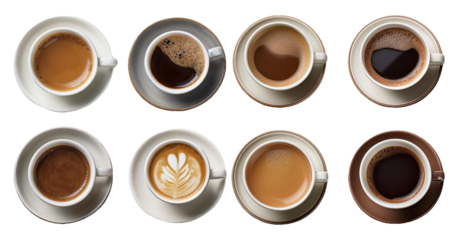 Variety of coffee cups with different types of coffee drinks isolated on transparent background