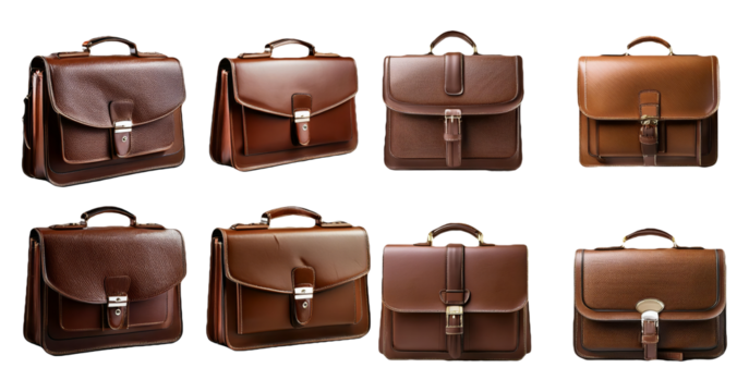 Stylish brown leather bags from different angles isolated on transparent background