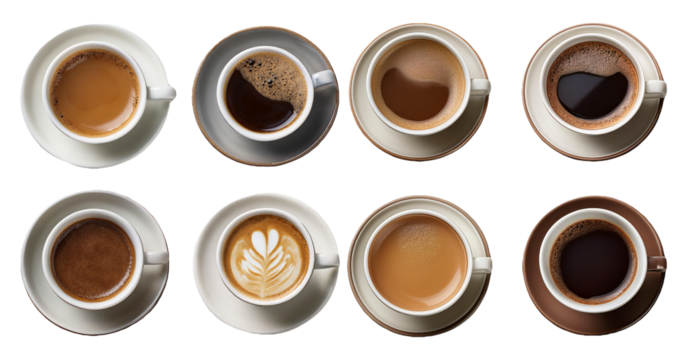 Variety of coffee cups with different types of coffee drinks isolated on transparent background
