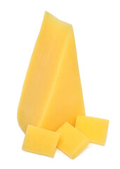 Cheese piece and cubes isolated on white background