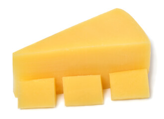 Cheese piece and cubes isolated on white background