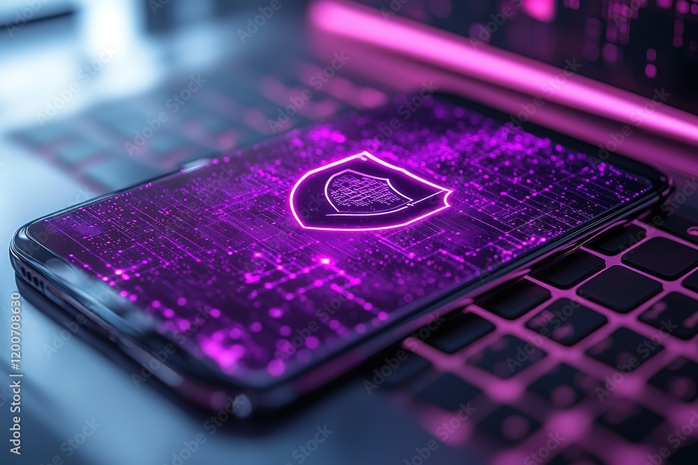 Poster cybersecurity: smartphone displaying digital shield on screen, resting on laptop keyboard. data prot