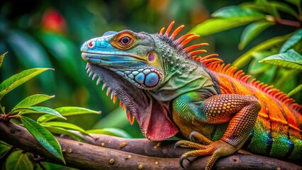 Obraz premium Vibrant Iguana on a Tree: A Stunning Conceptual Photography Exploration of Nature and AI Technology Integration