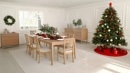 Christmas Dining Room Decorated with Festive Table Setting and Tree Presents a Warm Ambiance for Holiday Gatherings