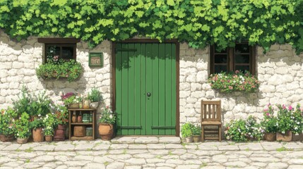 Charming Stone Cottage Garden Entrance Green Door
