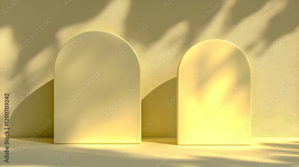 Poster 3D rendering of two yellow rounded rectangular podiums with shadows.