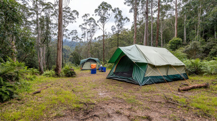 A serene campsite featuring two tents nestled among lush greenery and tall trees, perfect for outdoor adventures and nature exploration.