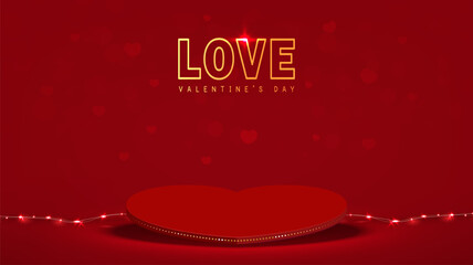 Valentines Day background with pedestal heart and light decorative for product display on Red shine background. Vector illustration.