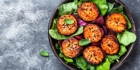 Roasted sweet potato salad with greens. Healthy meal prep