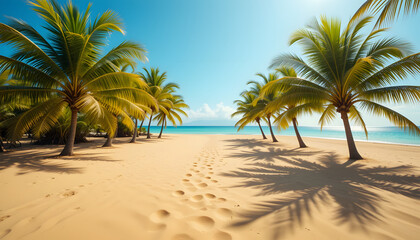 Obraz premium Idyllic tropical beach with palm trees and footprints in the sand.