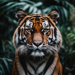 Fototapeta premium Majestic tiger gazing directly at the camera amidst lush green foliage, showcasing its striking features and vibrant colors, symbolizing the beauty of wildlife conservation