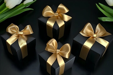 Four Black Gift Boxes with Gold Ribbons Gracefully Arranged on a Dark Surface